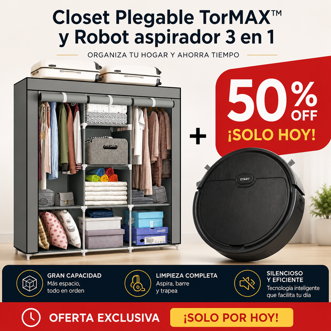 Closet Plegable TorMAX™ y Robot aspirador 3 en 1